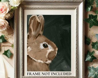 Cottagecore Bunny Digital Painting, Woodland Forest Animal Art Print