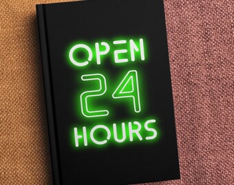 Retro Open 24 Hours Hardcover Travel Journal, Neon Sign Aesthetic Lined Notebook