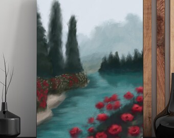 Moody Red Floral 11x14 Canvas, Original Landscape Painting