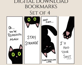 Printable Black Cat Bookmark, Set of 4 Digital Download Bookmarks