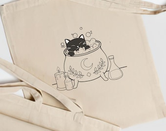 Witchy Inspired Cat in a Cauldron Cotton Canvas Tote