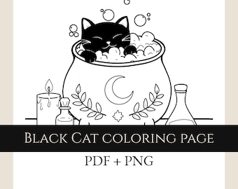 Witchy Black Cat Single Coloring Page, PDF & PNG Digital Download Color Sheet