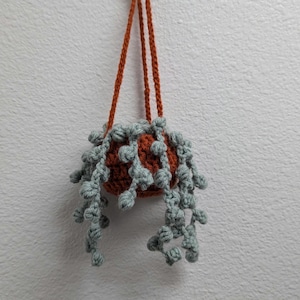 Small crochet hanging plant for car mirror, boho style rearview mirror decor, cute string of pearls accessory for car