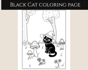 Witchy Black Cat Single Coloring Page, PDF & PNG Digital Download Color Sheet