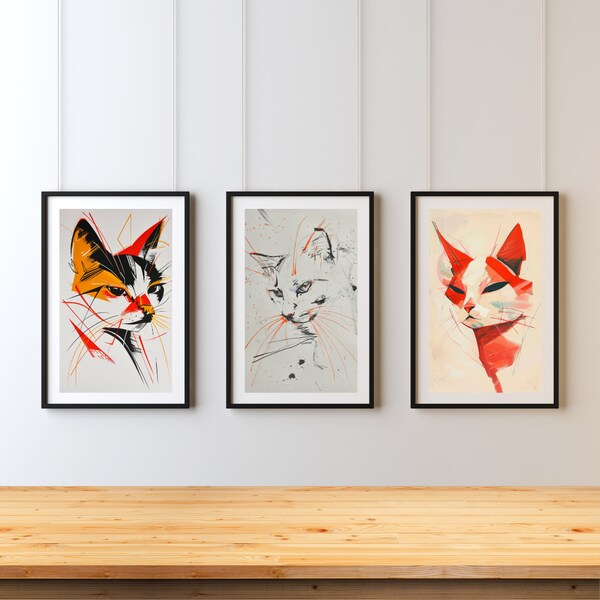 Cat Wall Art Downloadable Printable Set of 3, Colorful Modern Abstract, Cat Poster, Cute Animal, Living Room, Bedroom 3 Proportions