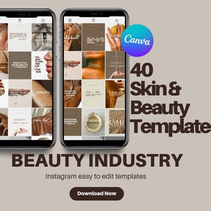 Op de afbeelding: Drie smartphones tonen Instagram-sjablonen voor de beauty-industrie. De sjablonen bevatten afbeeldingen van huid- en schoonheidsproducten. De tekst op de afbeelding luidt "40 Skin & Beauty Templates" en "BEAUTY INDUSTRY". Een Canva-logo is ook zichtbaar.
