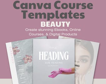 Op de afbeelding: Een Canva-cursus sjabloon voor het maken van e-books, online cursussen en digitale producten. Het sjabloon heeft een roze achtergrond met de tekst "Canva Course Templates" en "BEAUTY". Het sjabloon bevat ook een voorbeeldpagina met een roze en wit bloemenontwerp en de tekst "HEADING" en "SUB HEADING SUMMARY".