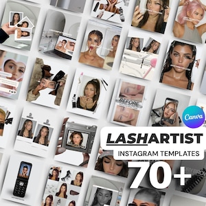 Può includere: Una collezione di modelli Instagram per lash artist, con varie immagini di donne con ciglia stilizzate. I modelli includono sovrapposizioni di testo e sono progettati per il marketing sui social media. L'immagine include anche un telefono a conchiglia retrò e una fotocamera digitale.