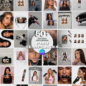 May include: A collection of 50+ editable Instagram templates for permanent makeup artists, featuring various layouts with images of people, brow tools, cameras, and text overlays like PMU TEMPLATES and CANVA, presented in a grid format.
