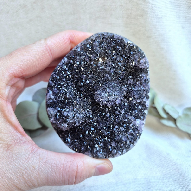 Pu&ograve; includere: Primo piano di una geode di ametista viola con finitura druzy. La geode &egrave; una formazione cristallina naturale con un centro vuoto rivestito di cristalli.