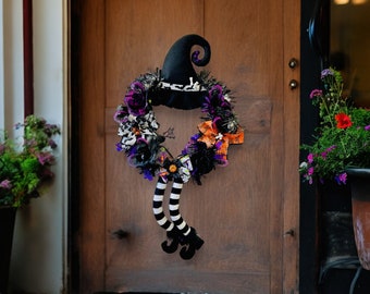 Witch Hat Halloween Wreath: Spooky Front Door Garland with Dangly Legs