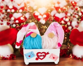 Handmade Valentine Gnome Couple in Wooden Box: Love Gift