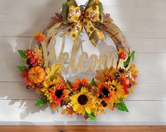 Corona de calabaza y girasol para otoño: decoración otoñal para la puerta en Acción de Gracias
