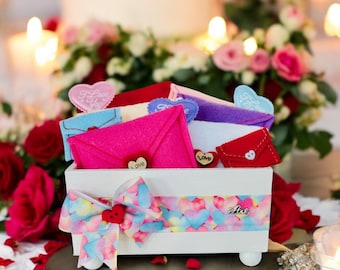 Handmade Valentine's Day Wooden Box with Felt Hearts & Envelopes