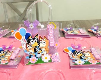 Bluey Party Favor Bags Gift Bags Personalized Gift Clear bag decorated with bluey and daisies bluey and family birthday pastel rainbow color