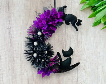 Black Cat Moon Halloween Wreath: Gothic Witchy Decor