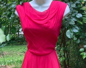 Pink 50s dress raspberry silk chiffon   vintage summer frock  small  from vintage opulence on Etsy