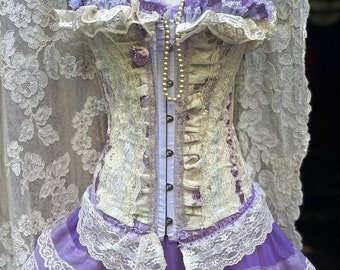 Purple satin corset and skirt set floral tutu dance costume vintage French  romantic small