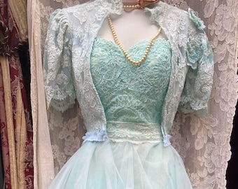 Blue tulle  dress embroidered lace beading   crinoline ballet dance fairytale wedding small  by vintage opulence on Etsy