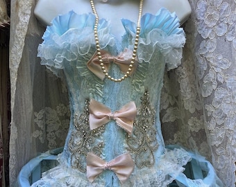 Blue Satin Corset Top: Pink Bows, Rhinestone Lace Trim