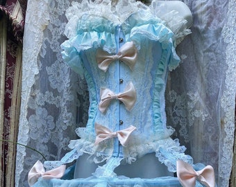 Antoinette costume Marie Powder blue pink bustier cage skirt bows rococo French 18th century small or custom  by vintage opulence on Etsy