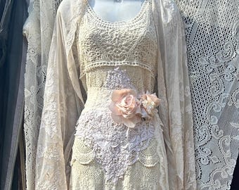Crochet  boho wedding dress bridal unique ivory lace maxi  gown bohemian vintage wedding ceremony hippie ethereal natural woodland ceremony