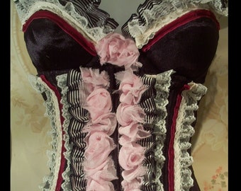 Black pink  cincher and bra ruffled lace stripes  roses pin up burlesque costume  Custom sizes by Vintage Opuelce on Etsy
