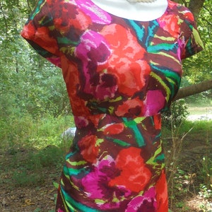 Floral mini dress   silk mod 1960s vintage  retro cocktail party reenactment multi color red pink mid century photoshoot  small