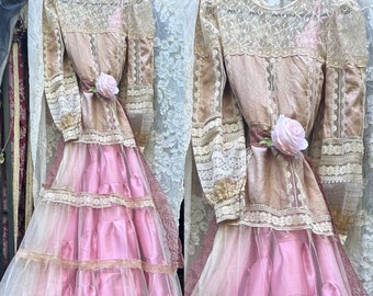 Pink tulle  dress satin lace maxi boho tea stained fairytale wedding small  by vintage opulence on Etsy