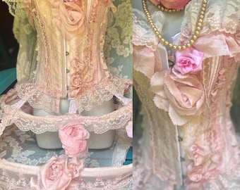 Pink Rococo costume Marie Antoinette corset  cage skirt silk roses small or custom  by vintage opulence on Etsy