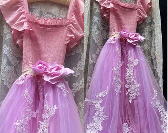 Pink tulle  dress embroidered lace  crinoline ballet dance fairytale wedding small  by vintage opulence on Etsy