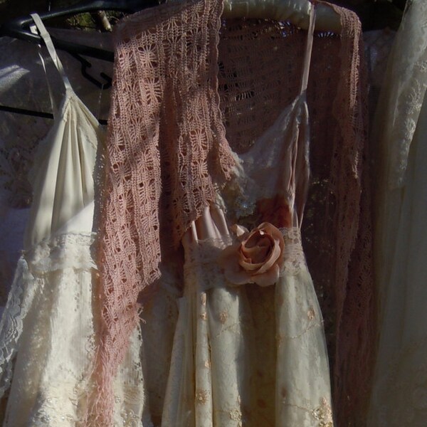 RESERVED for Alexandra Blush wedding dress cream lace beaded  tulle vintage roses bohemian romantic small by vintage opulence on Etsy