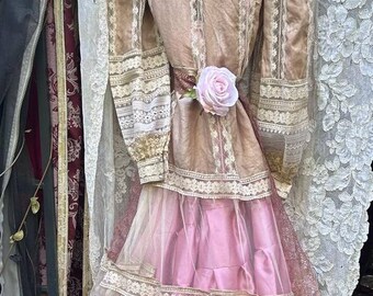 Pink tulle  dress satin lace maxi boho tea stained fairytale wedding small  by vintage opulence on Etsy