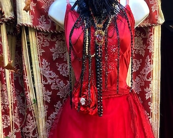 Red tulle dress maxi tiered lace  wedding fairytale witchy vampire   small  by vintage opulence on Etsy