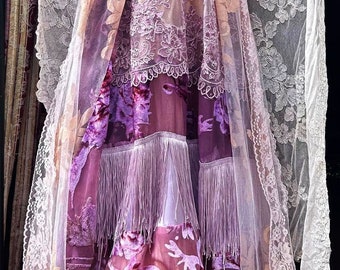 Lavender lace  dress lilac purple  satin roses fringe boho fairytale  rose custom  by vintage opulence on Etsy