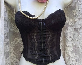 Black vintage bustier  lace   boned    pin up burlesque 34B C from vintage opulence on Etsy