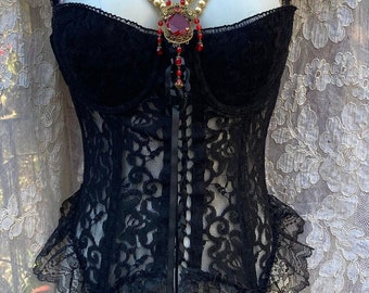 Black vintage bustier  lace   boned garters   pin up burlesque 34 36B from vintage opulence on Etsy