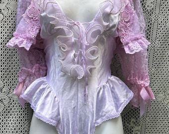 Pink satin teddy bodysuit ruffles    pin up vintage retro burlesque photoshoot boudoir festival Lacey romantic lingerie small
