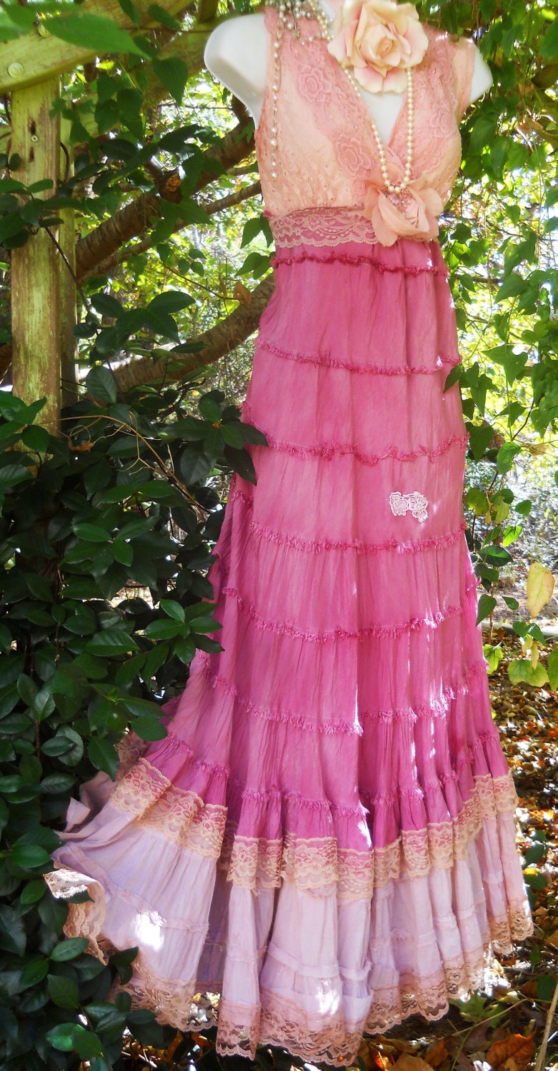 Pink Maxi Dresstea Stained Boho Gypsy Tiered Cotton Belly - Etsy