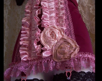 Burgundy and  pink ruffled girdle,bra set, burlesque custom size by Vintage Opulence on Etsy