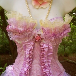 reserved for mareaclare Pink ruffles lace floral bustier corset rose bow  victoriana   burlesque  handmade by vintage opulence on Etsy