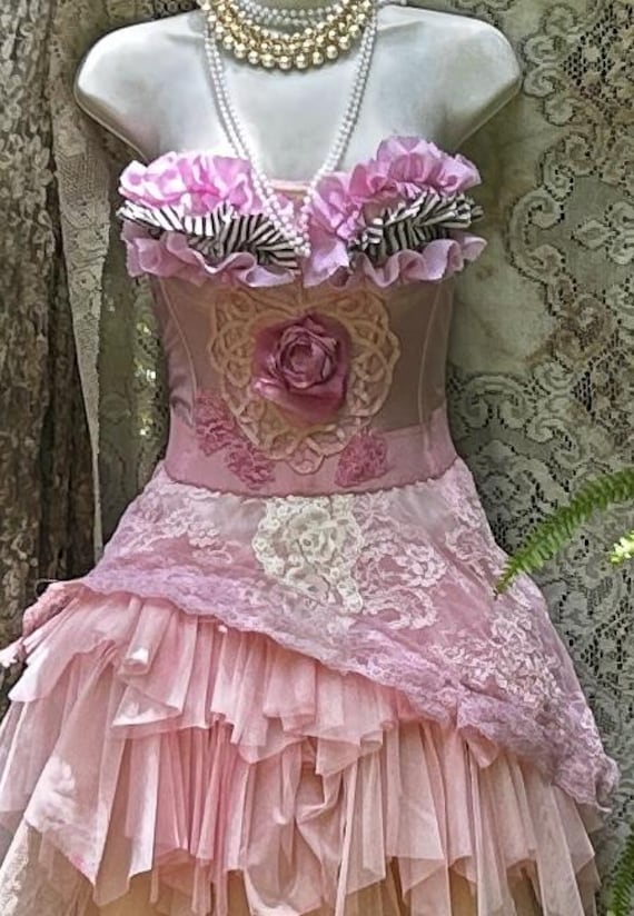Pink Heart Bustier ,vintage Boudoir Ruffles Stripes Stage Cabaret