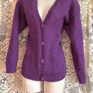 Purple mohair cardigan sweater knitwear hand knit   1980s Cosy fuzzy sweater retro vintage wool puff sleeve 80s purple sweater Medium