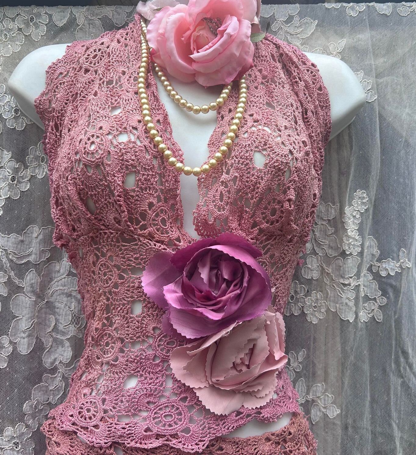 crochet floral lace eyelash top & slinky skirt sets