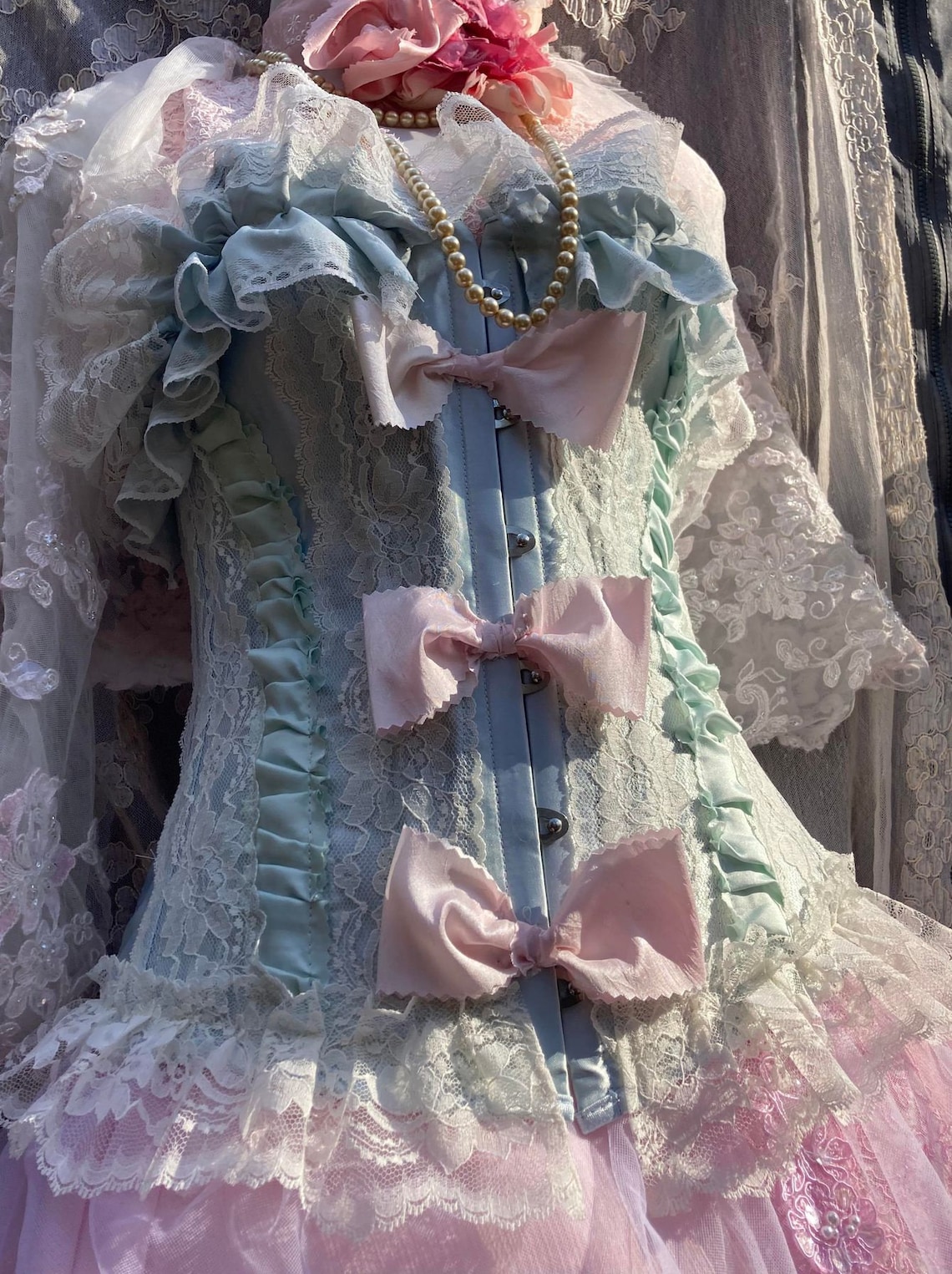 Pale Blue Corset Lace Ruffles Pink Bows Marie Antoinette Rococo French ...