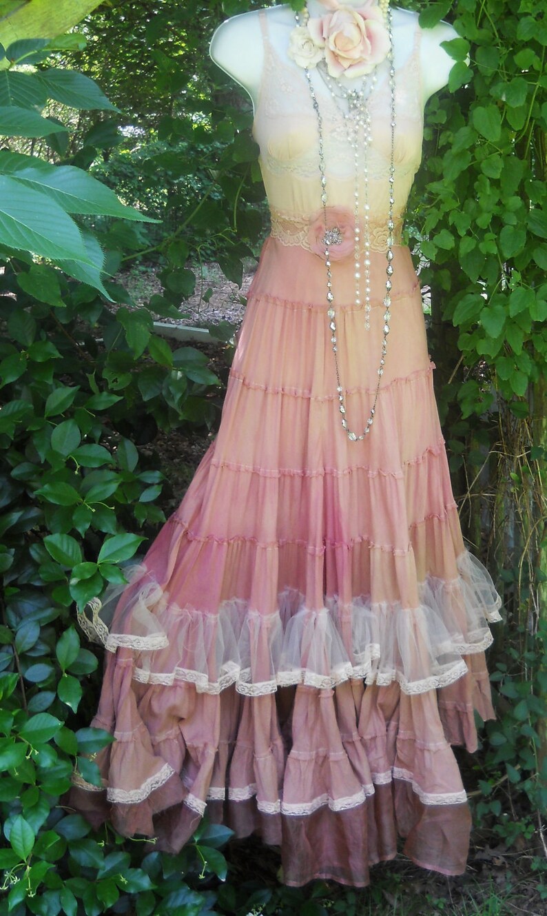 Pink boho dress maxi blush tea stained ruffles tiered cotton | Etsy