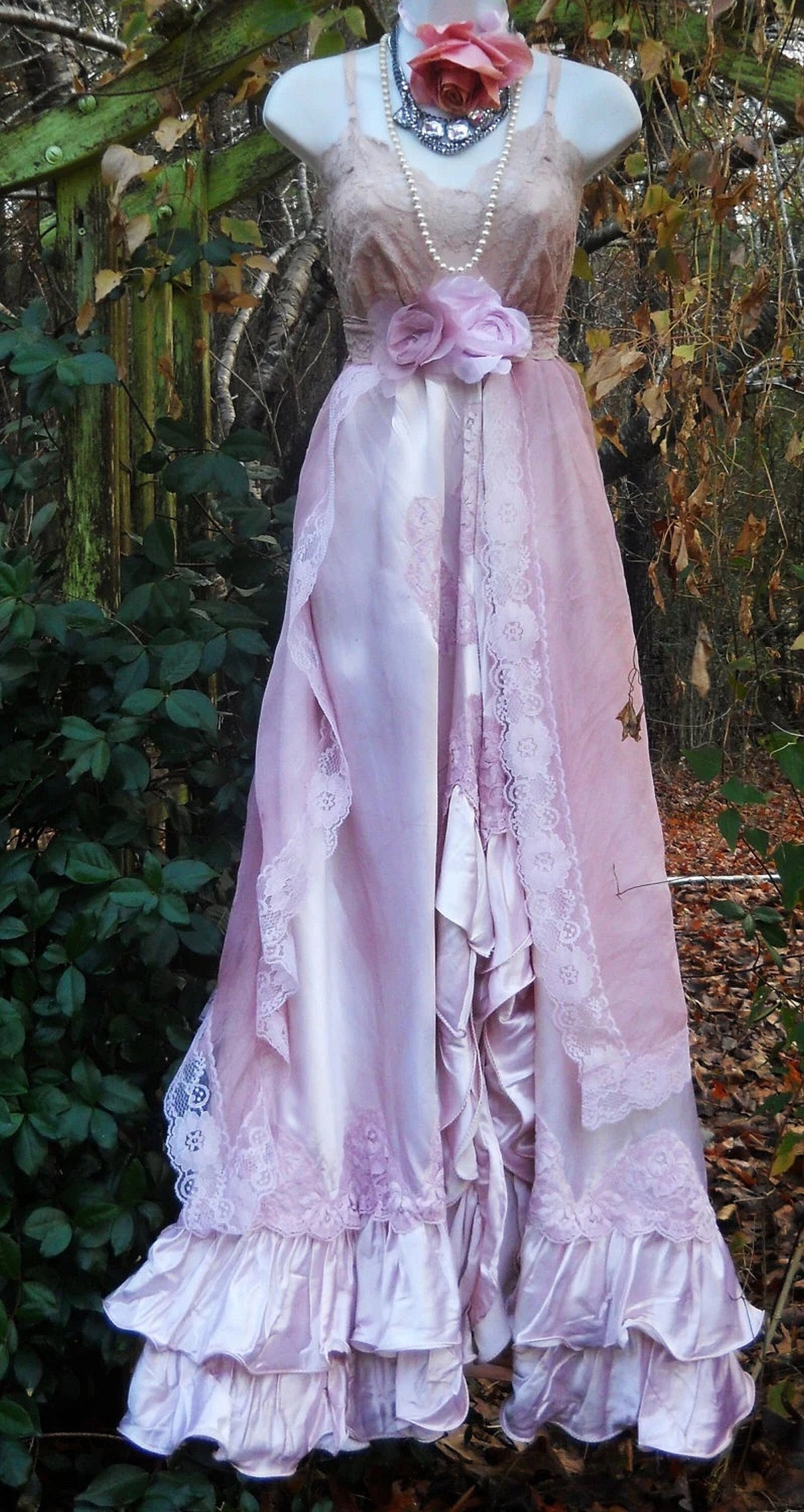 Blush Satin Wedding Dress: Ruffles, Lace, Fairytale Gown