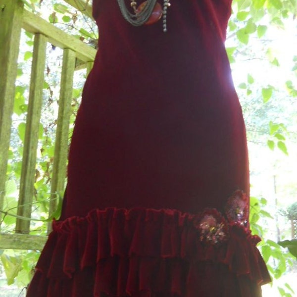 red velvet dress ruffle flapper sequin roses boho medium  by vintage opulence on Etsy