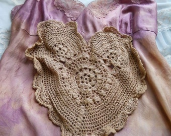 Purple  silk dress tea stained bias cut tie dye crochet applique  boho   dolly wedding  custom size  by vintage opulence on Etsy