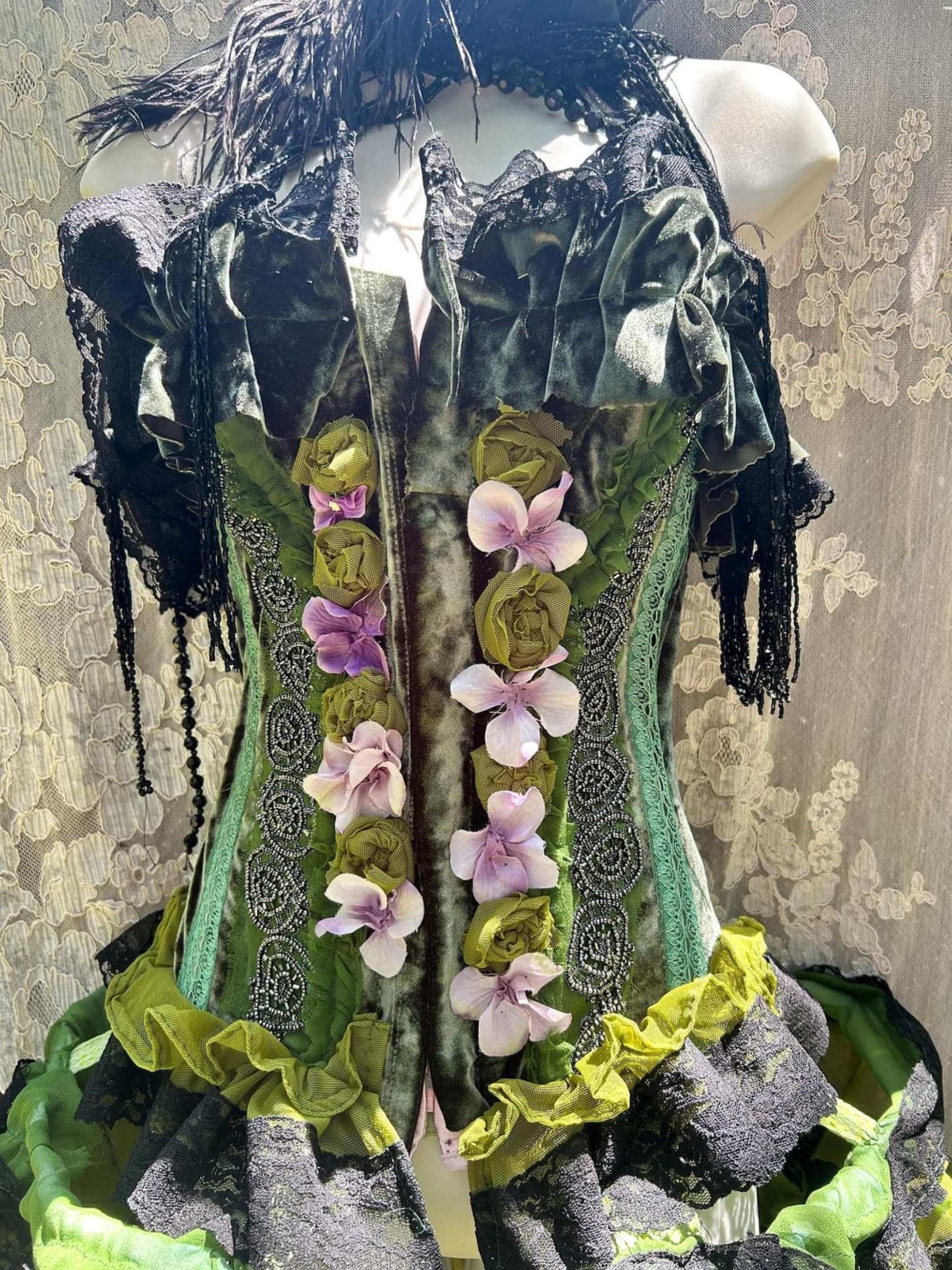 Green beaded corset  , Marie Antoinette corset  cage skirt  costume, absinthe fairy costume   french rococo burlesque costume, green cage